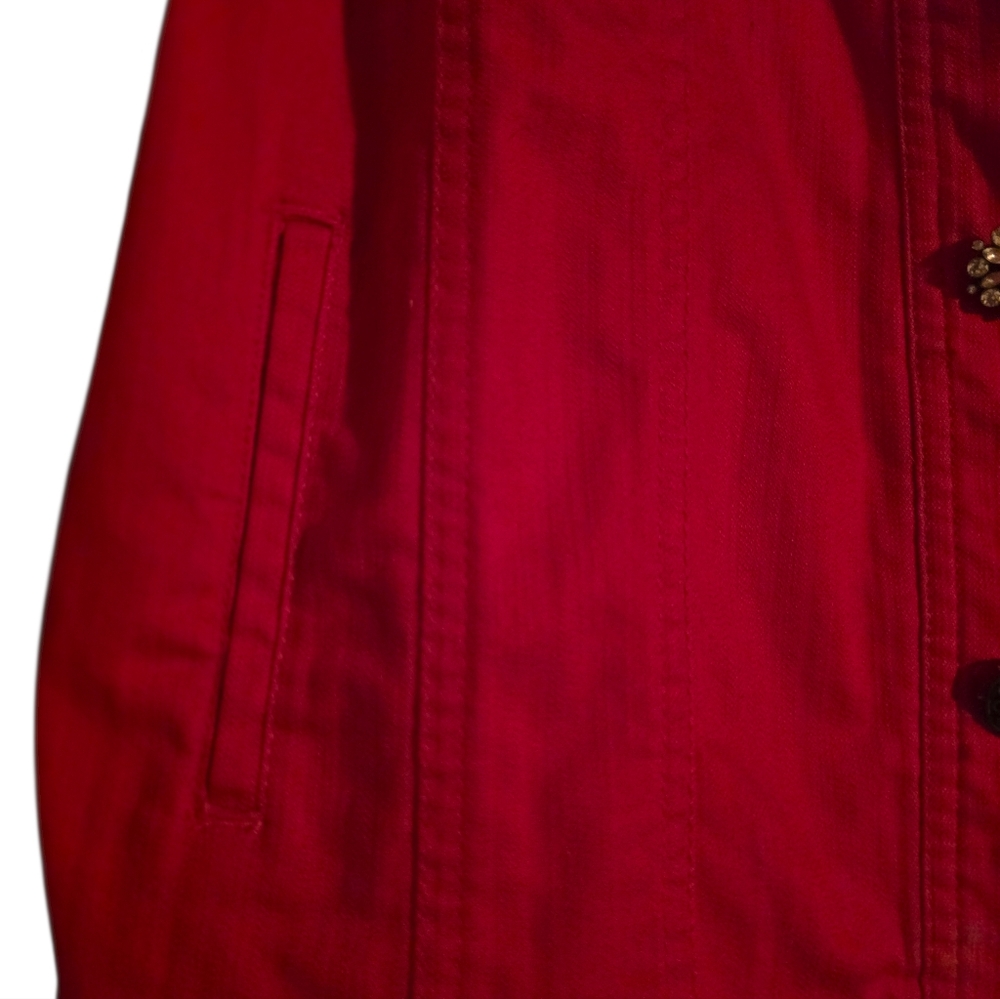 Zebra Lined Collar & Cuffs, Large Sparkle Jeweled Buttons, Red Denim Jacket - Picture 6 of 12